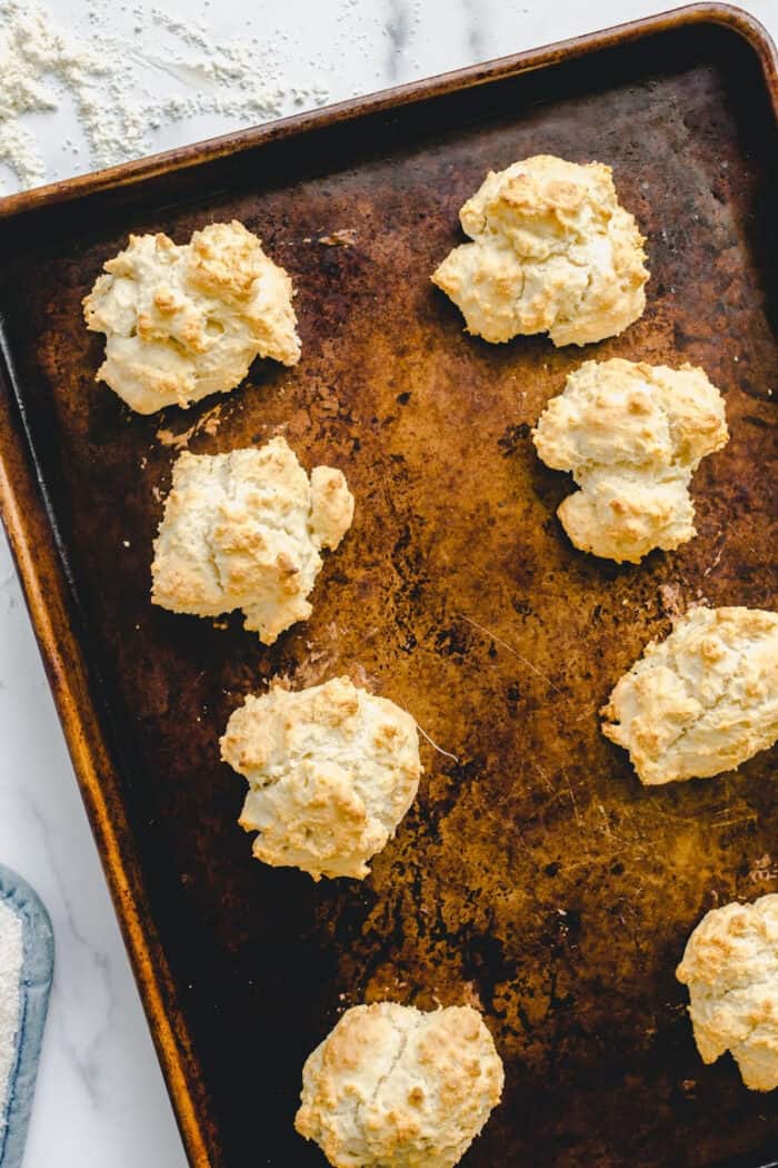 Overhead view of baked Bisquick biscuits on a cookie sheet